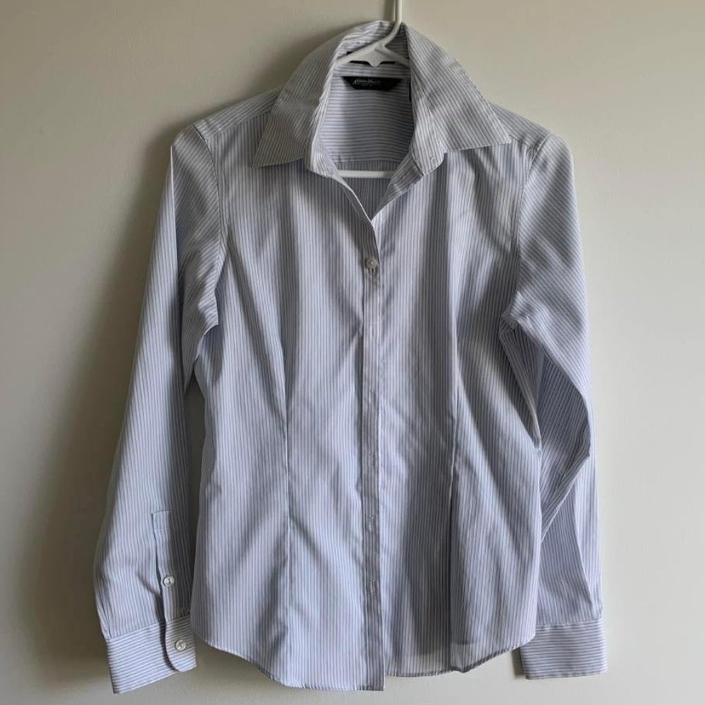 Eddie Bauer White & Blue Button LS Shirt, Stretch, Wrinkle Resistant, Size S